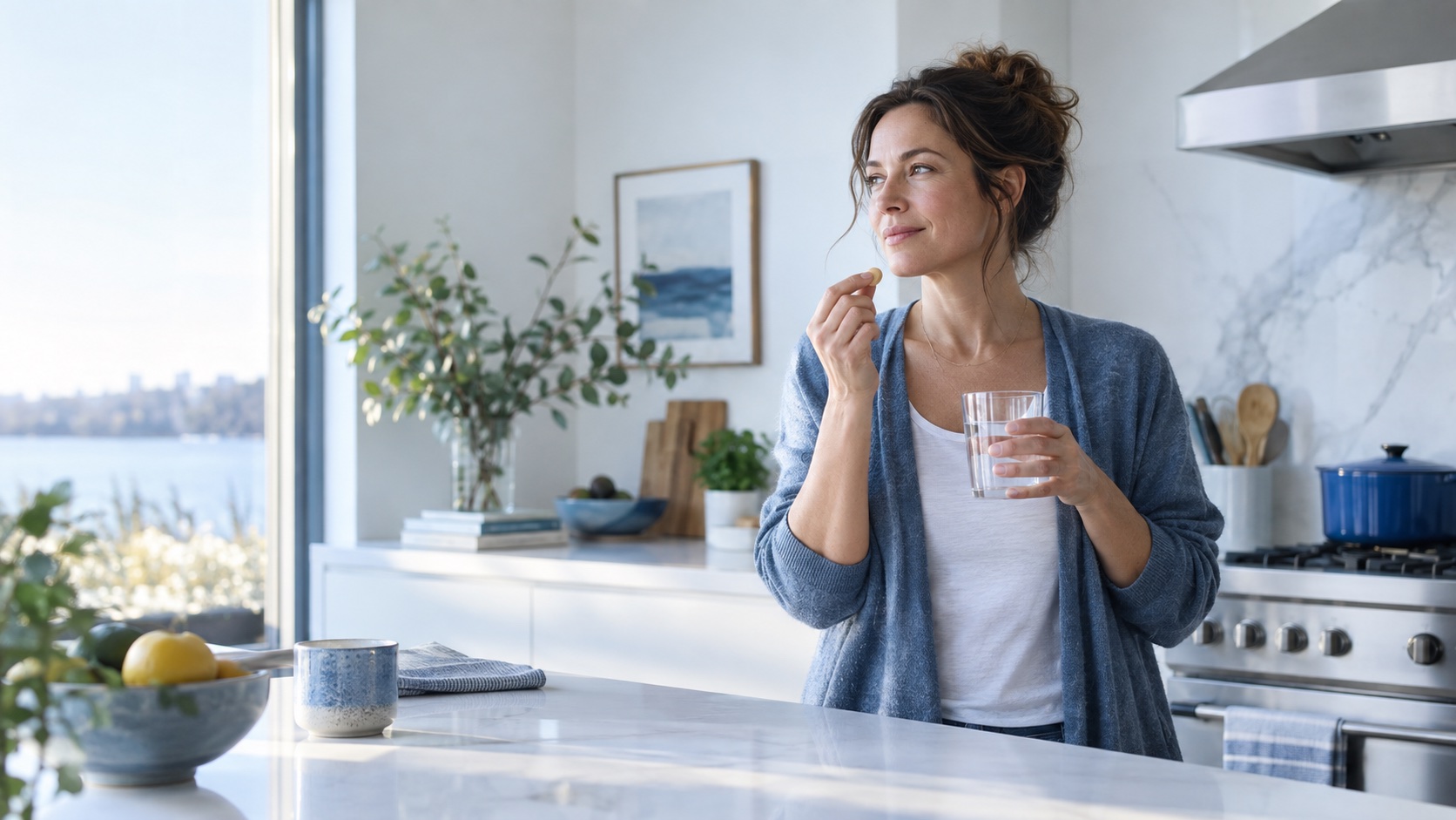 A woman taking her morning medication with a glass of water in her kitchen
