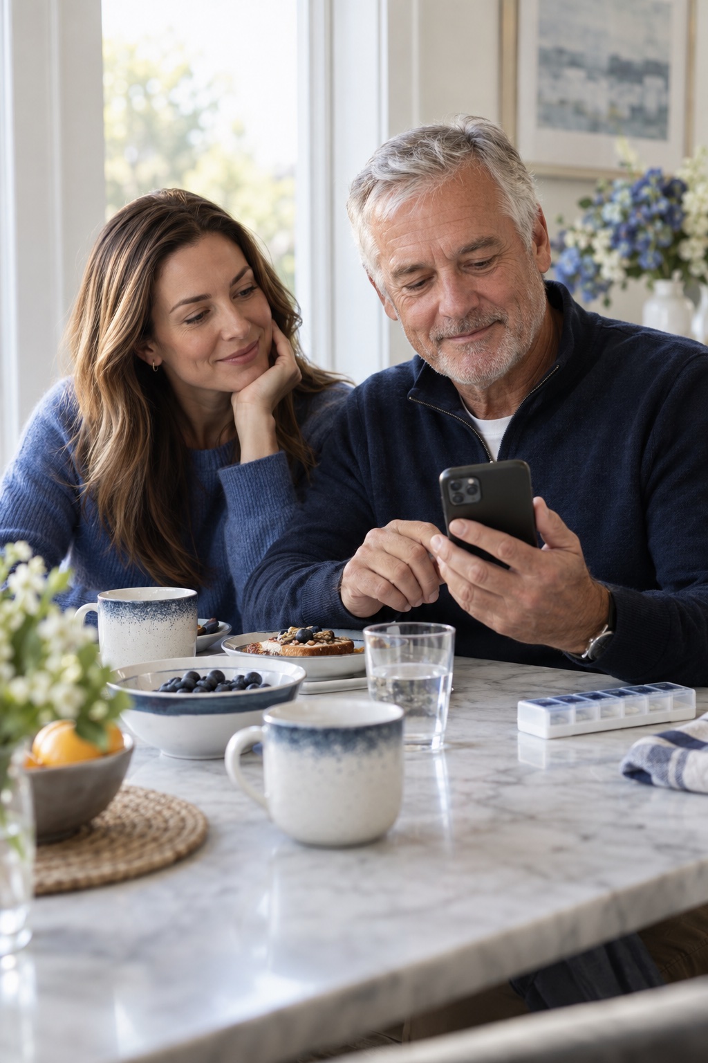 A father and adult daughter sharing breakfast while checking a reminder on an iPhone